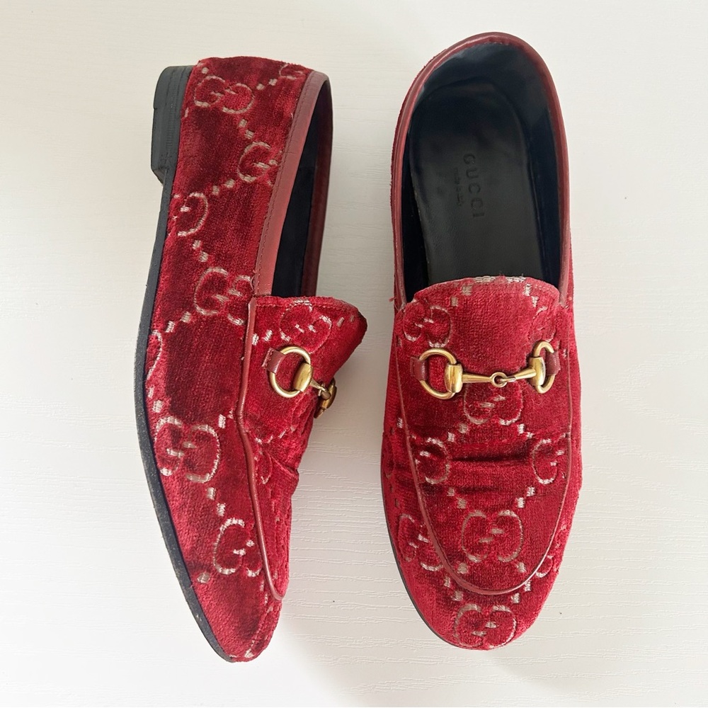 Gucci Jordaan Horsebit Loafers Red GG Velvet EU 36.5 US 6.5